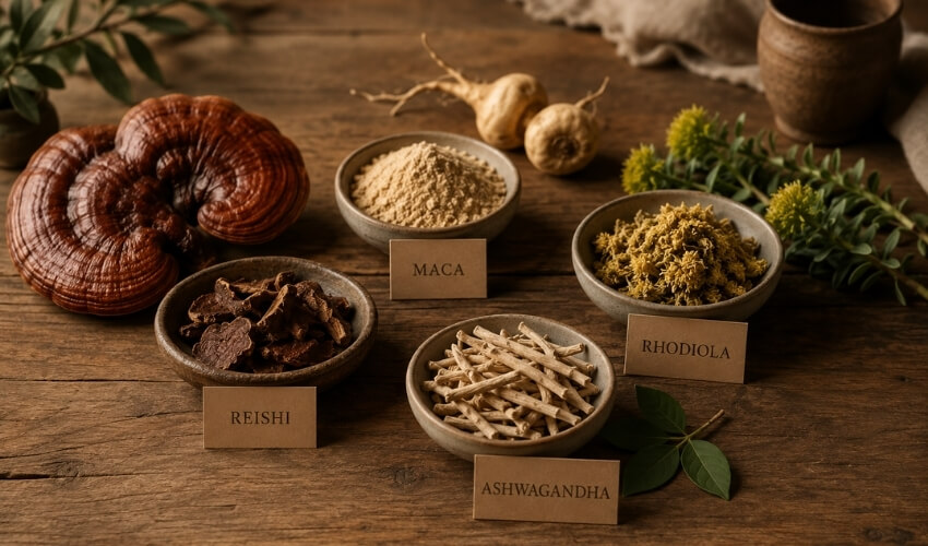 Nejlepší adaptogeny pro ženy – reishi, maca a rhodiola na dřevěném stole
